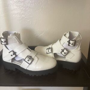 White Croc-Textured Buckle Ankle Booties